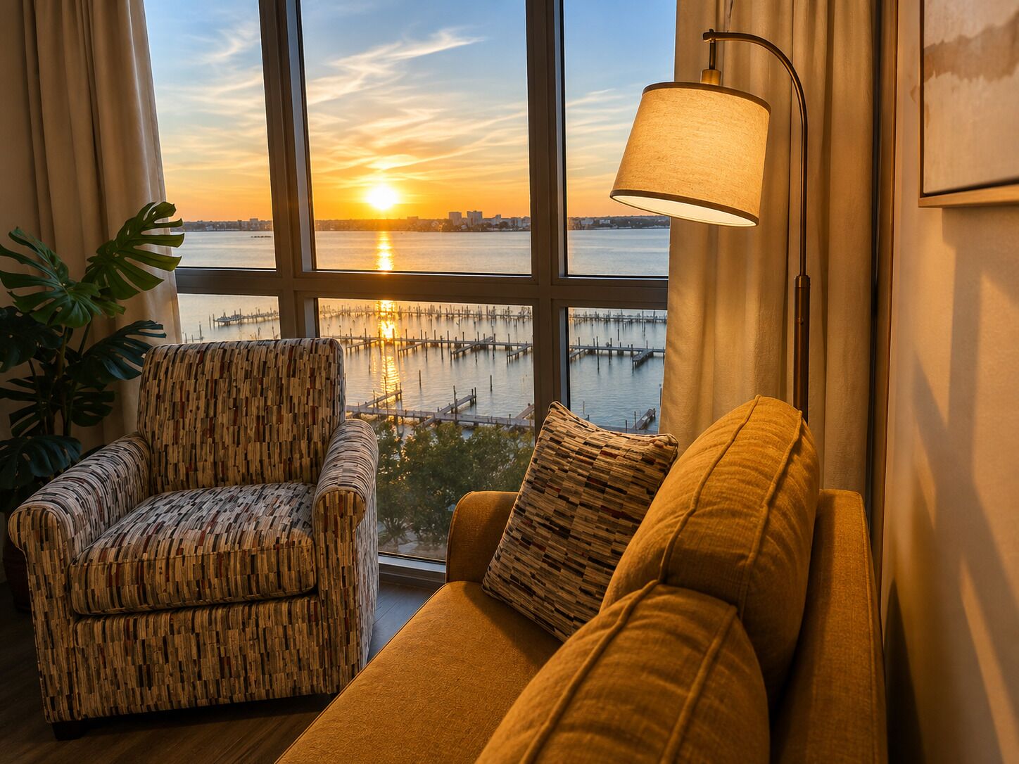 A room with a view of a sunset over water, a patterned armchair, a sofa with cushions, and a floor lamp.
