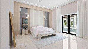 Une chambre à coucher moderne, avec un lit, des tables de chevet, un miroir et une vue sur l’extérieur.
