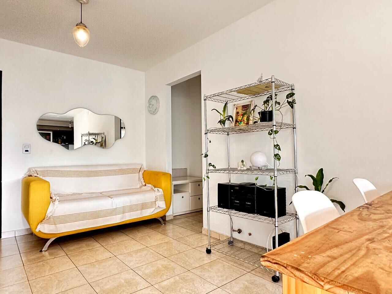 A living room with a sofa, a coffee table, a metal shelf with plants, a clock, and a mirror.