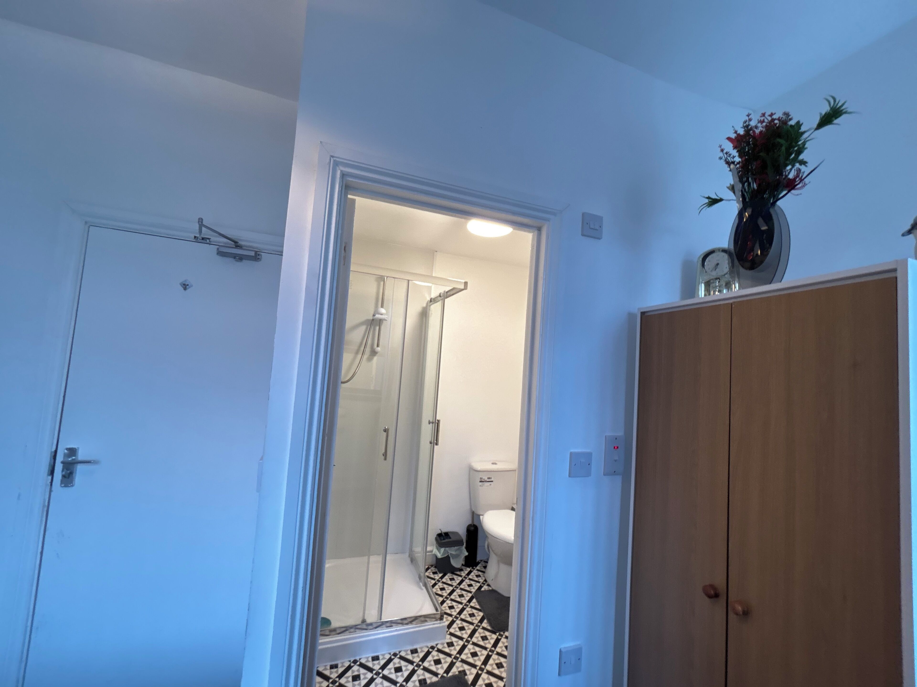 Een badkamer met een douche, toilet en een houten garderobe.