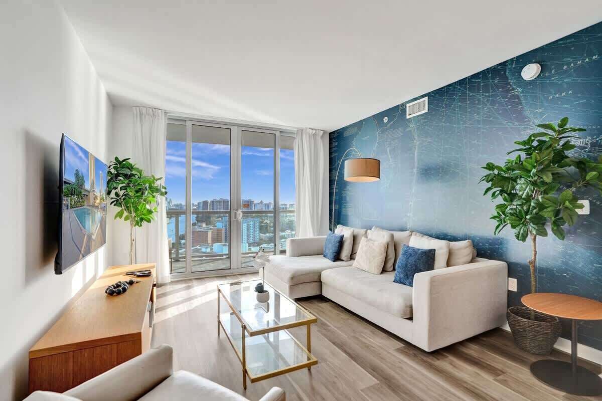 Living room with an Ocean and Canal View 
