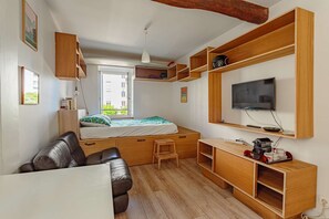 A compact room with a bed, a sofa, a TV, wooden shelves, and a desk. - Charming studio just a stone's throw from Les Halles and the beaches (BIARRITZ)