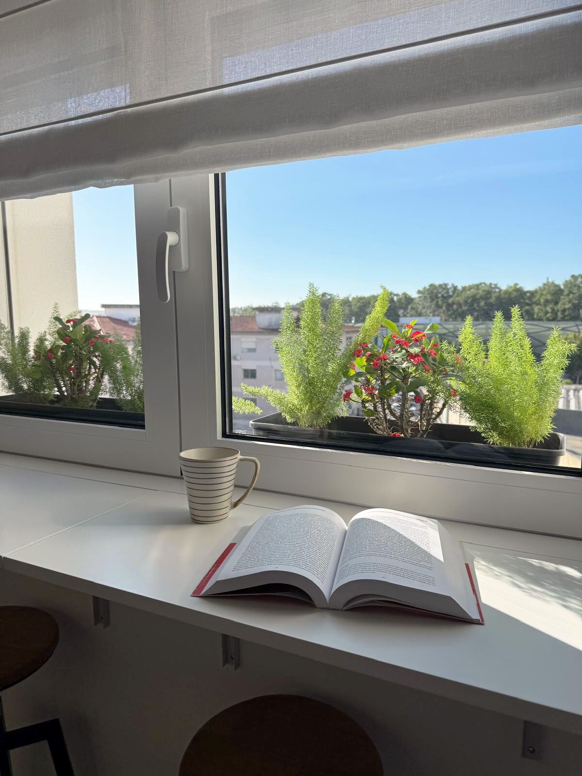 A window with a view of buildings and trees, a book, and a mug on a white table.
