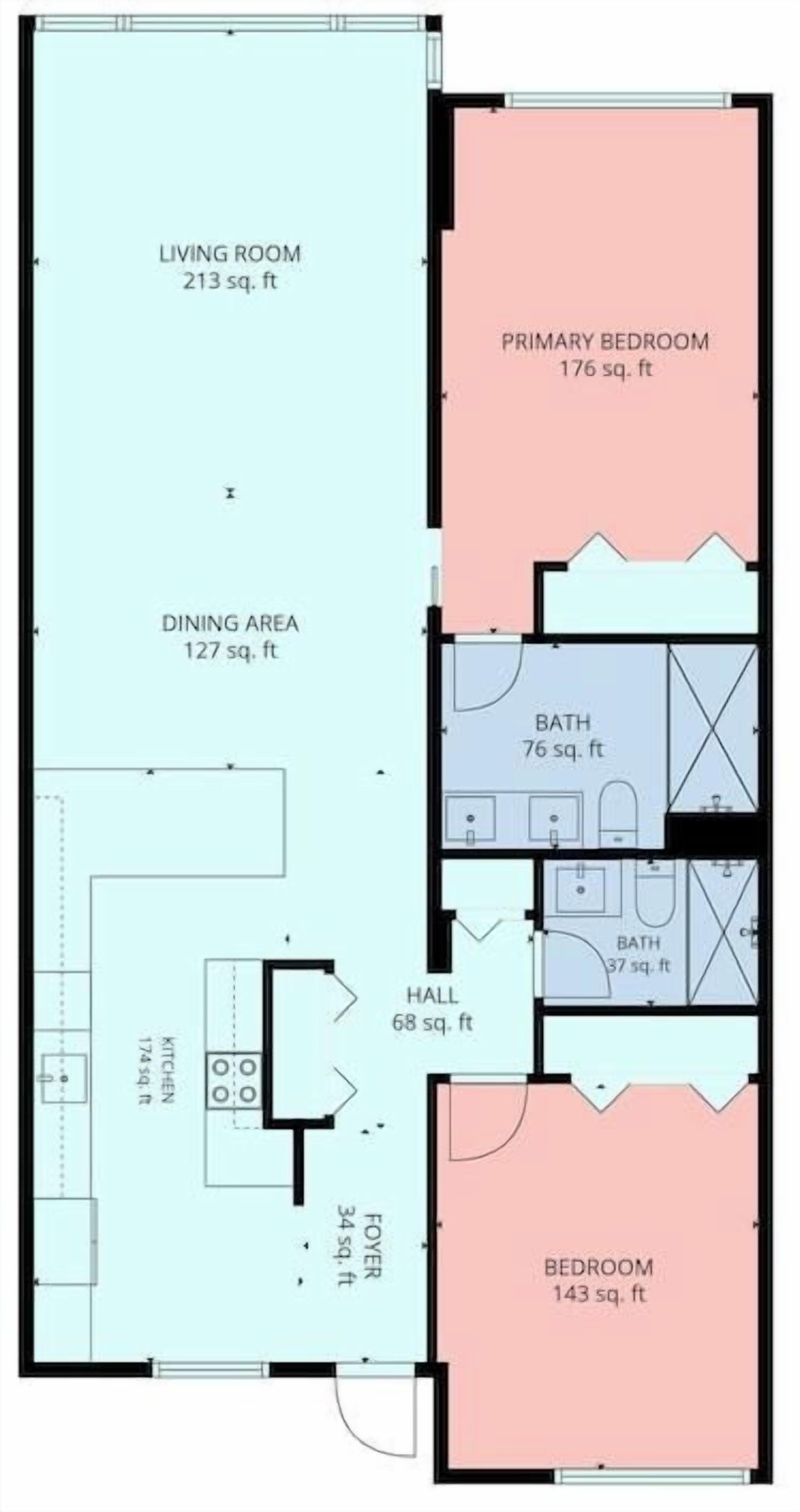 A floor plan with a living room, dining area, kitchen, hall, and two bedrooms.