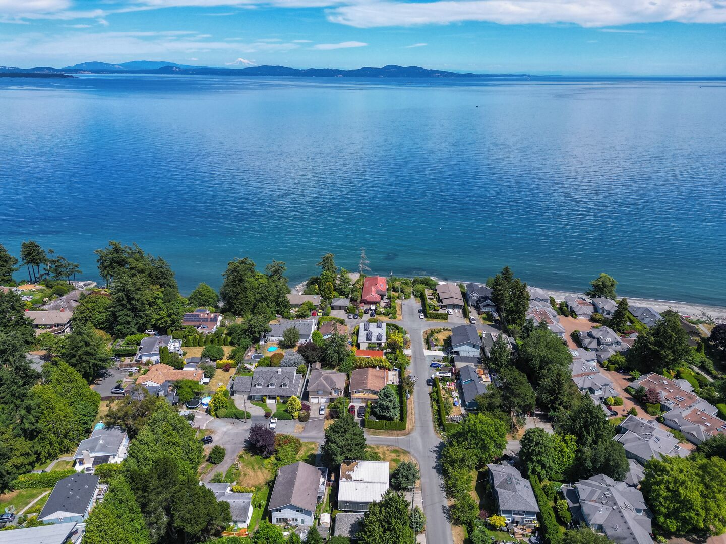 A residential area with houses, a road, and a body of water.