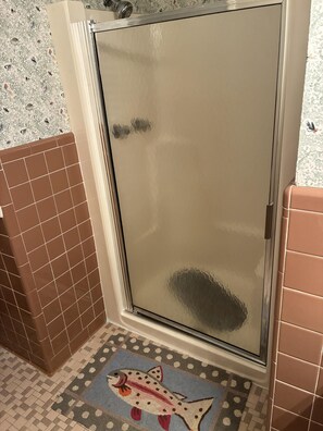 A bathroom with a shower door, tiled walls, and a fish-themed rug. - 3 Bedroom home with access to the canal! (Supply)