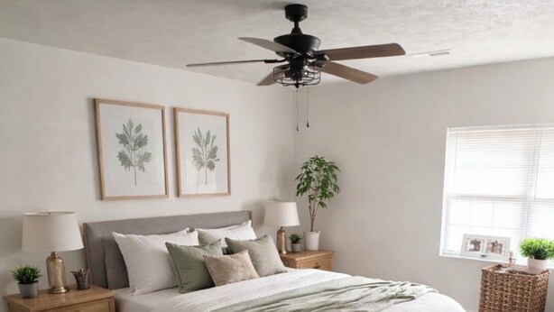 Un dormitorio con una cama, mesitas de noche, ventilador de techo, ventana con persianas y una planta.