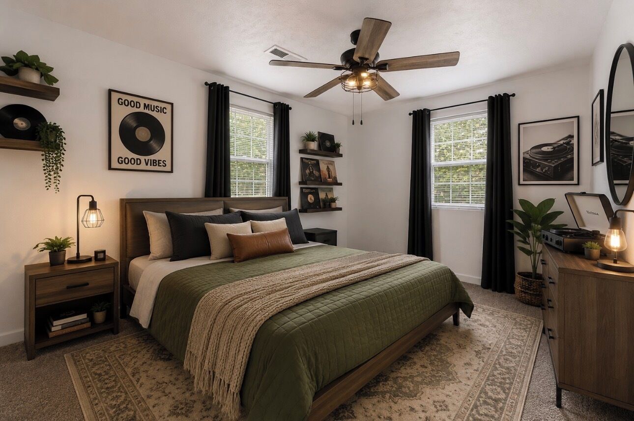 Une chambre à coucher comprenant un lit, un ventilateur de plafond, une table de chevet, une commode, un miroir et une fenêtre avec des rideaux.