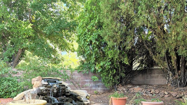 Ein Gartenweiher mit Wasserfall, umgeben von Kübelpflanzen und einer Steinmauer.