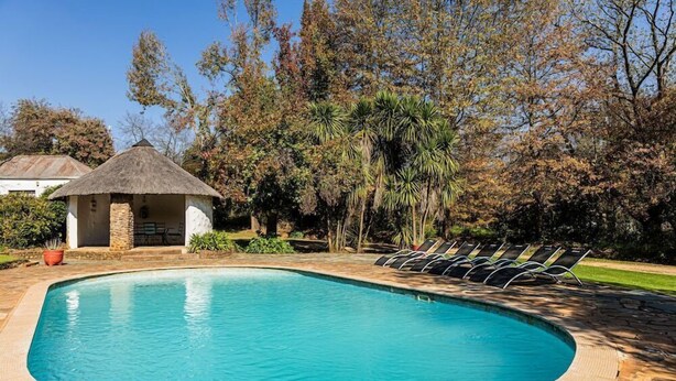 A swimming pool with lounge chairs, a thatched-roof structure, and surrounding trees. - Premier Hotel Himeville Arms (Himeville)