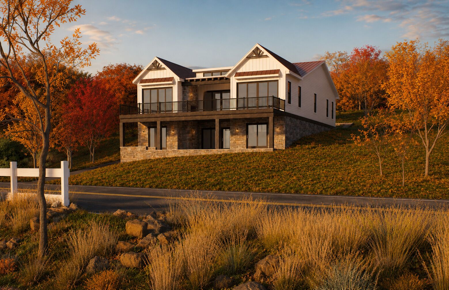 Une maison moderne à deux étages, dotée d’une façade en pierre, de grandes fenêtres et d’un balcon.