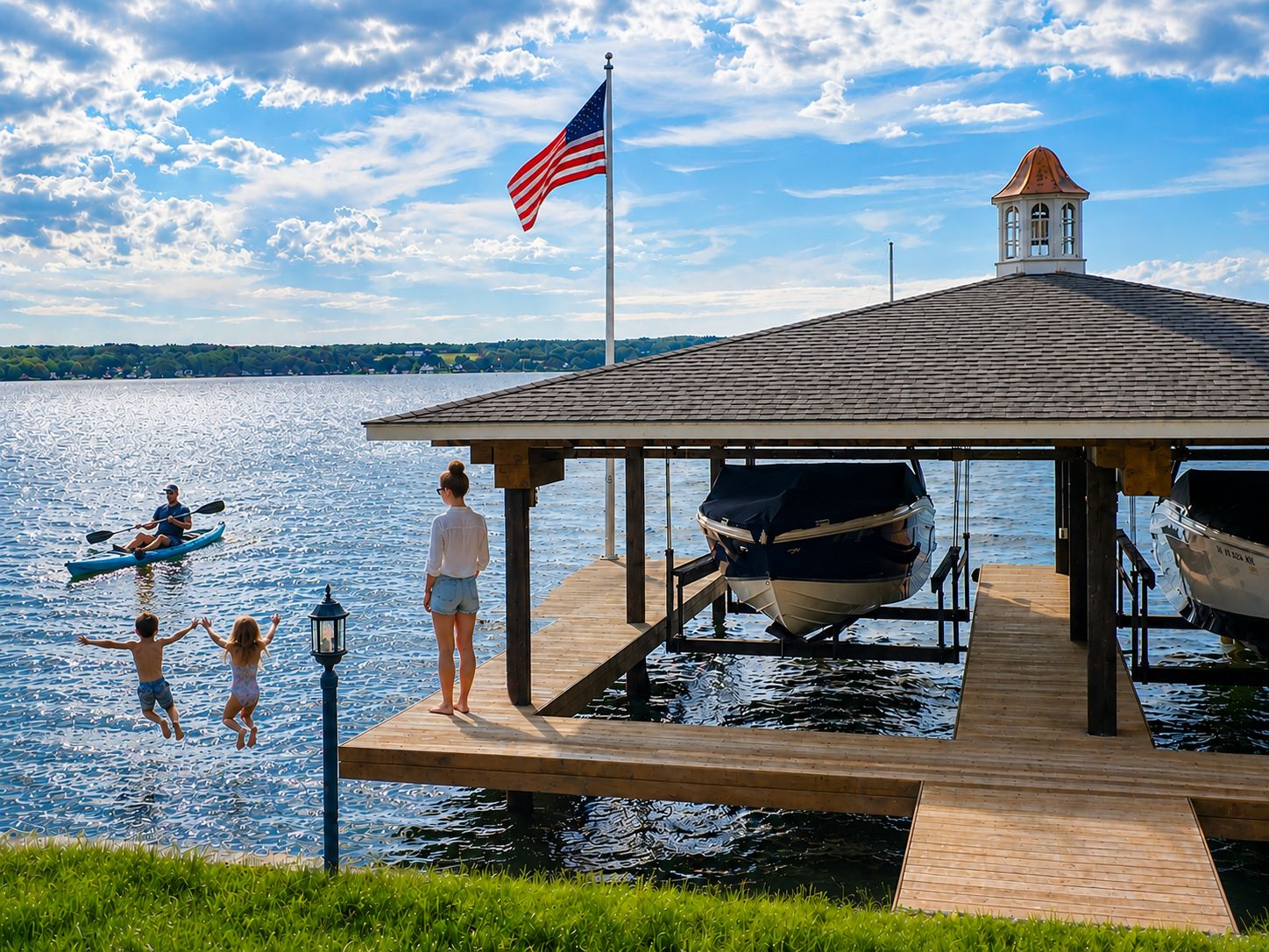 A wooden dock extending into a body of water with a clear sky, a flag, and a small building with a pointed roof.