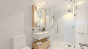 Hair dryer, towels, soap, toilet paper