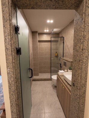 A modern bathroom with a glass shower enclosure, a toilet, and a vanity with a sink and mirror. - Deluxe King Room with Private Balcony & Pyramids View (محافظة الجيزة)