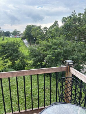 A balcony with a view of a green landscape, a metal railing, and a table. - The Arkside Cottage - The ark, creation museum, Williamstown marina (Williamstown)