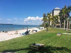 A beach with people sunbathing and swimming, a grassy area with a table, and a building with palm trees. - Sanibel Harbour Resort: Bay View Tower 137 Waterfront condo with private beach (Fort Myers)