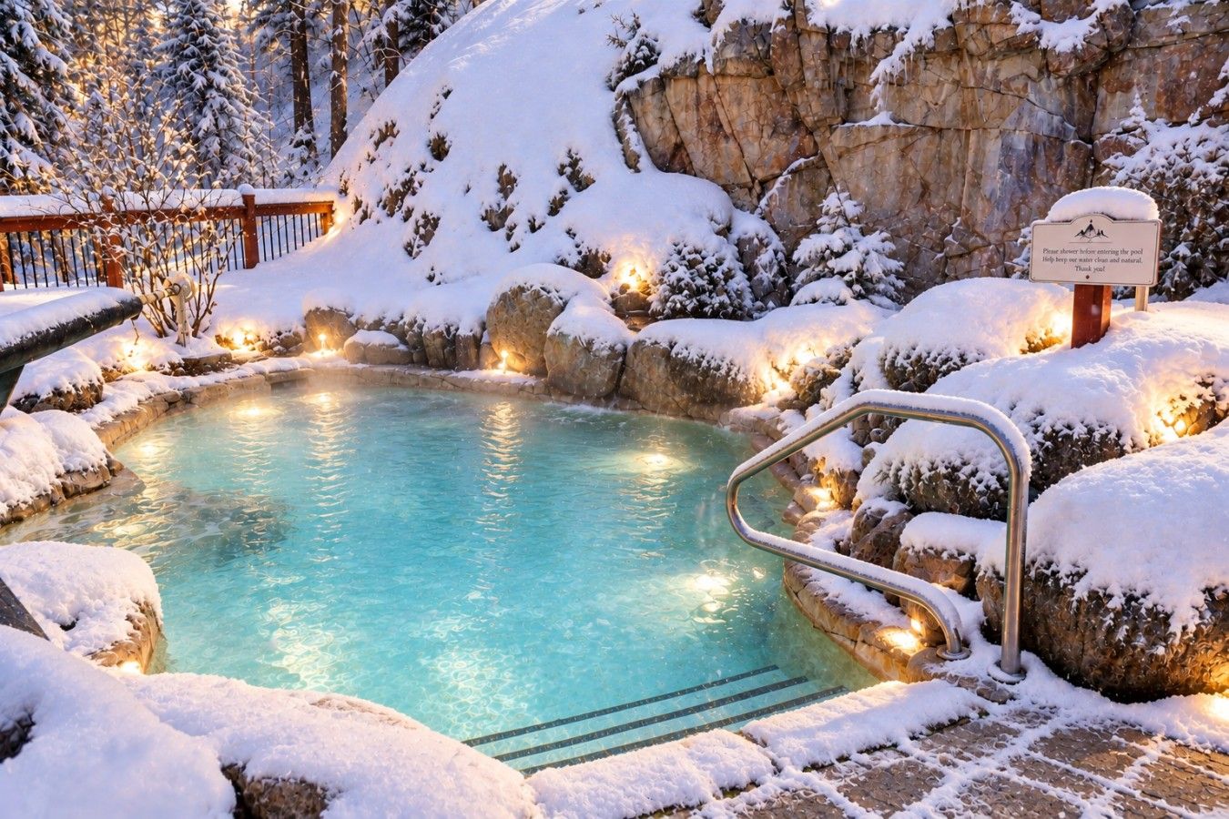 Una piscina cubierta de nieve con una terraza de madera y un cartel.