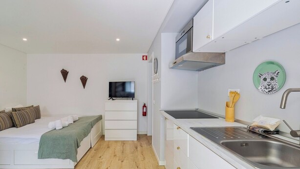 A compact room with a bed, a TV, a kitchenette with a sink, and a fire extinguisher. - Blue Coconut RC 188, By Home Match (Setúbal)