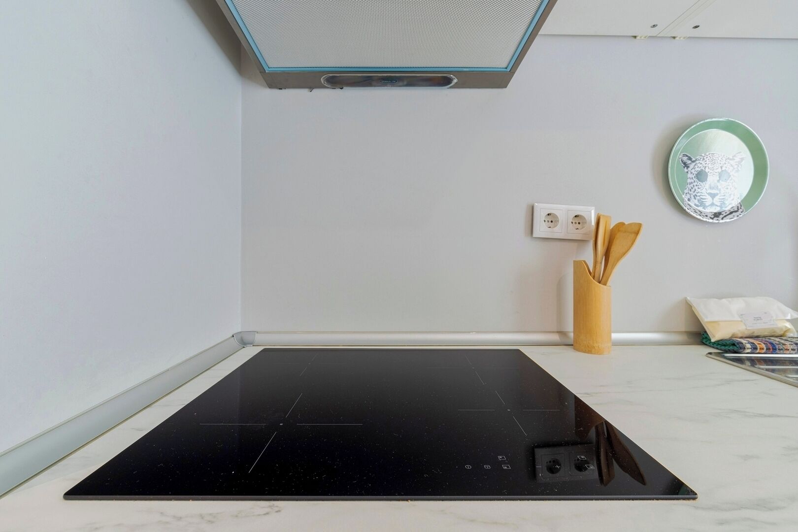A kitchen with a black induction cooktop, a wall-mounted vent, a power outlet, and a decorative plate with a leopard design.