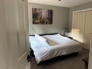 A bedroom with a bed, a nightstand, a lamp, a door, and a wall-mounted painting. - Garden view quiet two level suite close to parks. AC, hot water on demand (Victoria)