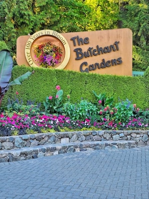 A sign for The Butchertown Gardens with a circular flower display and a stone wall with flowers.