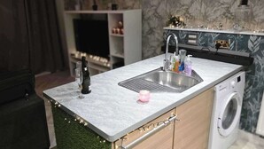 A compact kitchen with a built-in washing machine, a sink, and a small countertop.