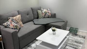 A modern living room with a grey sofa, a white coffee table, and a patterned rug.