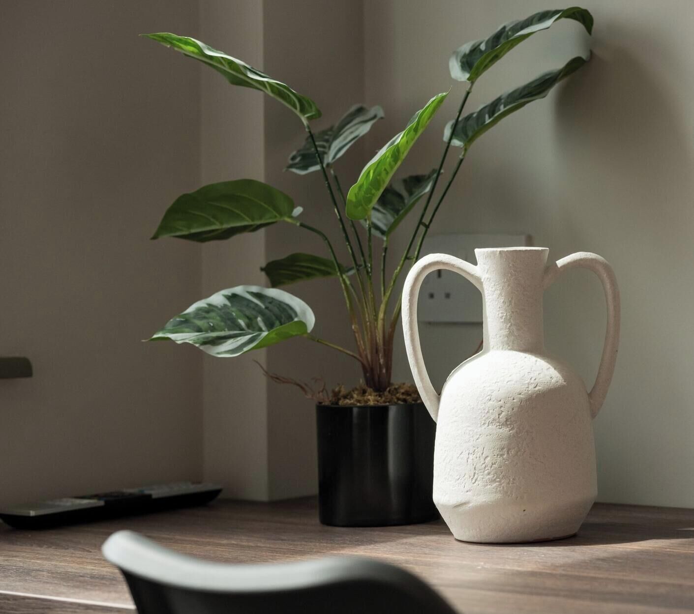A potted plant with variegated leaves and a white ceramic pitcher with handles on a wooden surface.