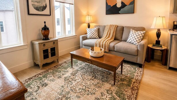 Ein Wohnzimmer mit einer Couch, einem Couchtisch, einem gemusterten Teppich und Bildern an den Wänden.