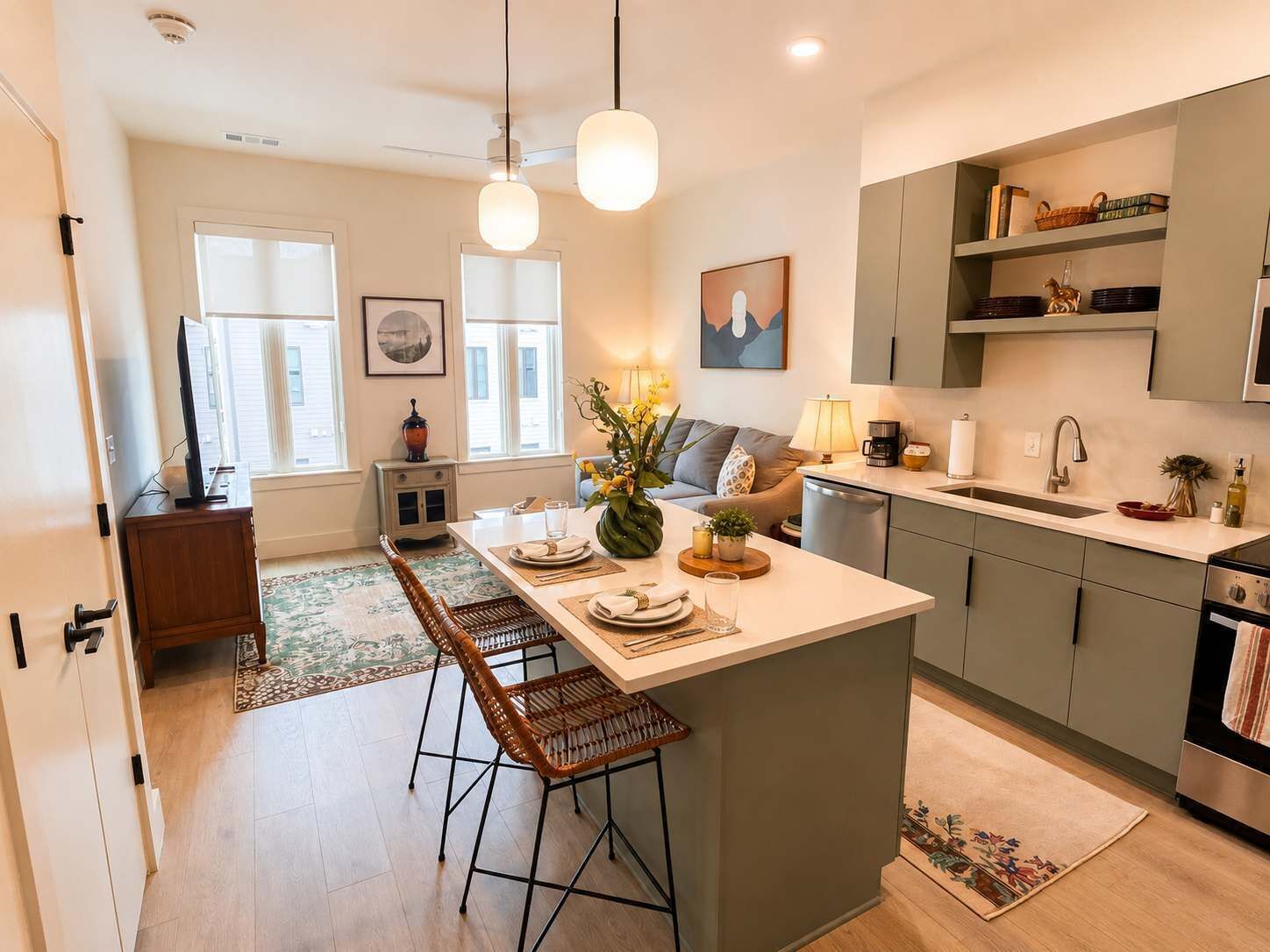 Cozinha moderna com uma ilha central, banquetas, mesa de jantar e um sofá ao fundo.