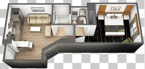 Ein Grundriss eines Hotelzimmers mit Wohnbereich, Küchenzeile, Bad und Schlafzimmer.