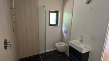 Shower, towels, soap, toilet paper