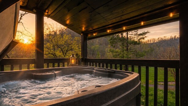 A hot tub with a wooden deck and railing, surrounded by trees and a sunset view. - Onyx at Nada - Your Escape to Nada Tunnel (Stanton)