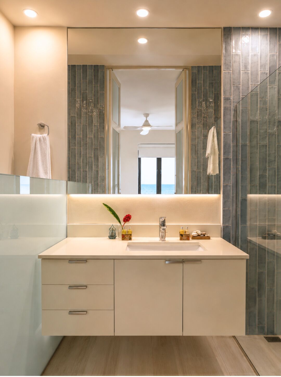 Shower, hair dryer, towels