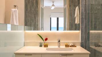 Shower, hair dryer, towels