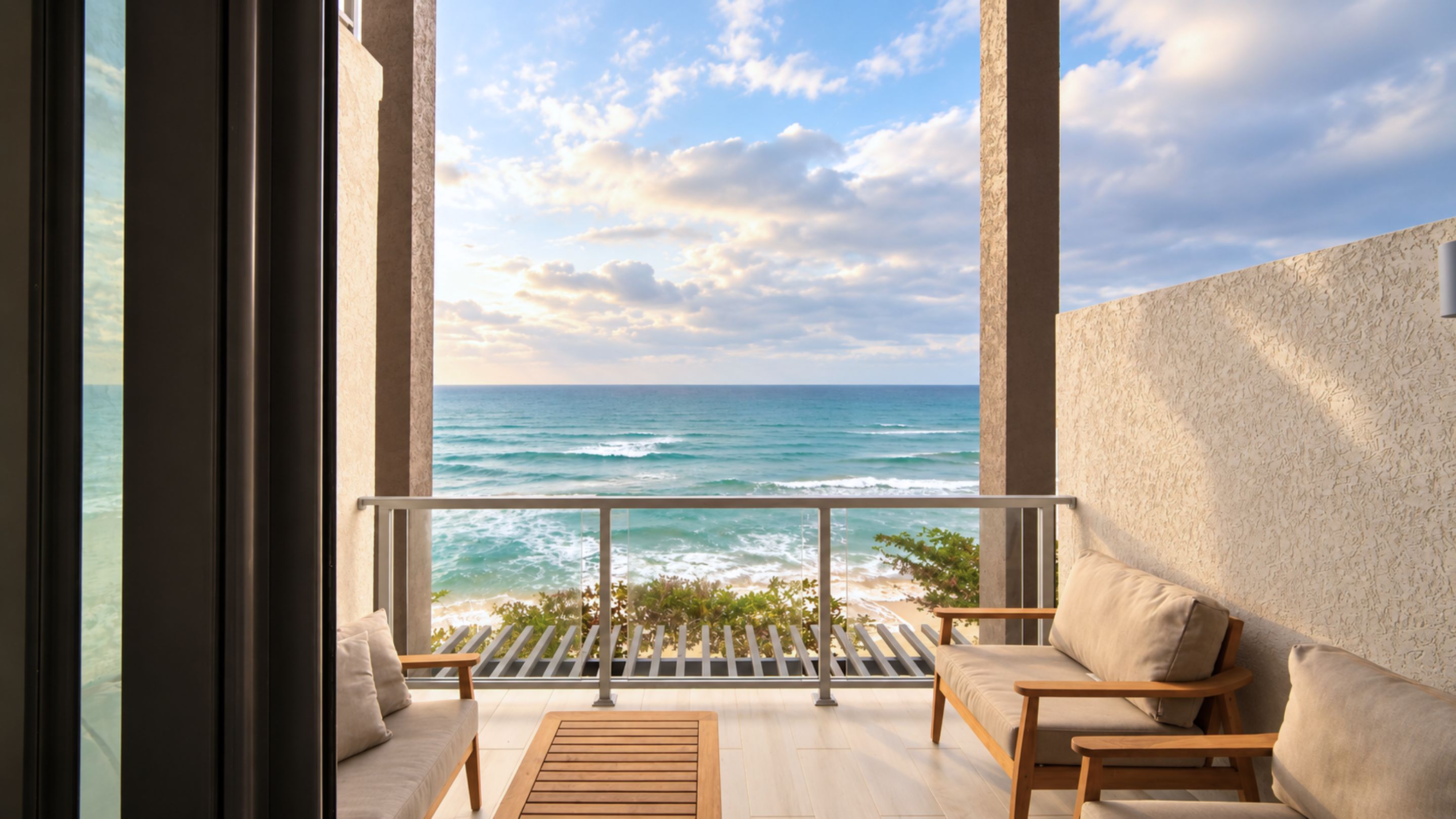 A balcony with a view of the ocean, furnished with a sofa and a table.