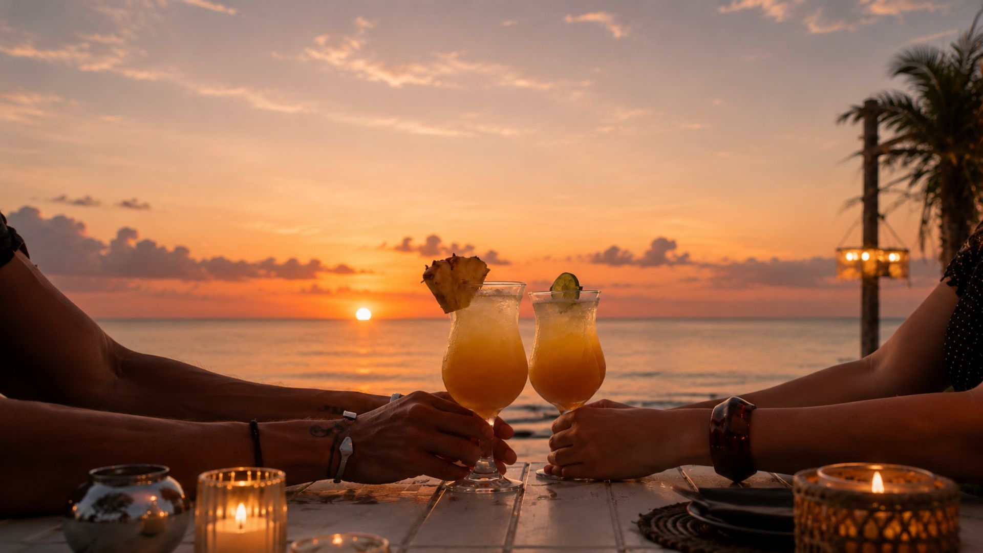 Deux personnes trinquent avec leurs boissons autour d’une table, avec une vue sur le coucher de soleil.