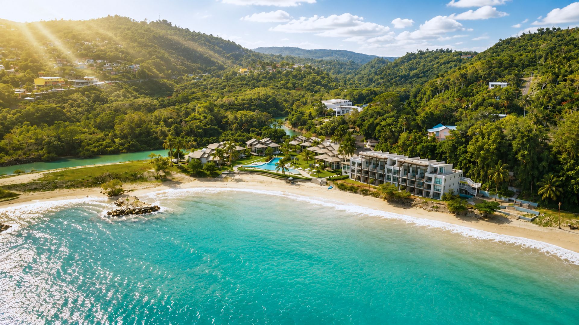 Resort com piscina, acesso direto à praia e vegetação exuberante.