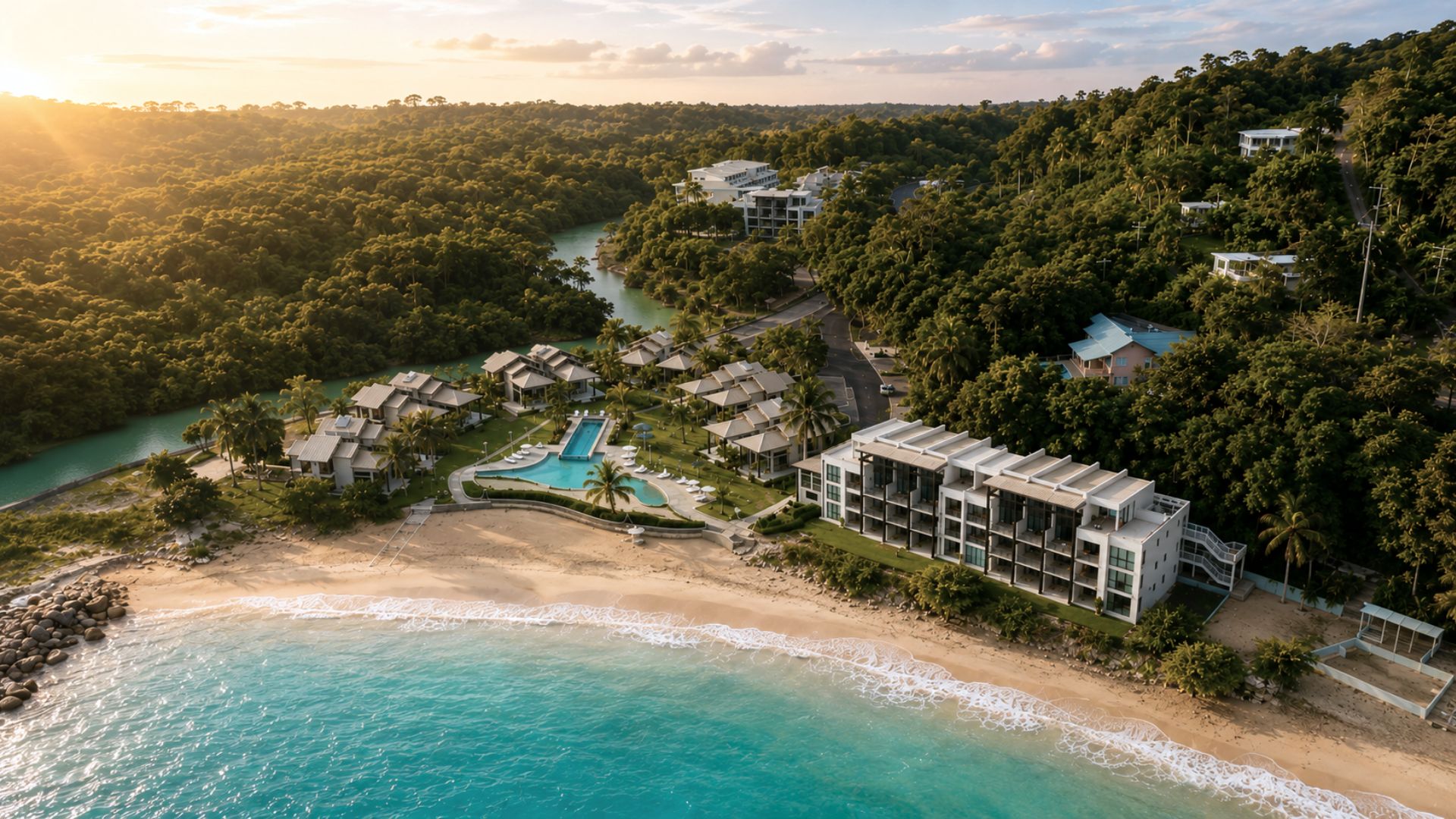 A resort with a pool, beach, and forested area.