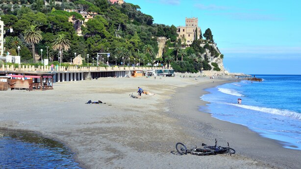 Uma praia com um castelo numa colina, palmeiras e um hotel ao fundo.