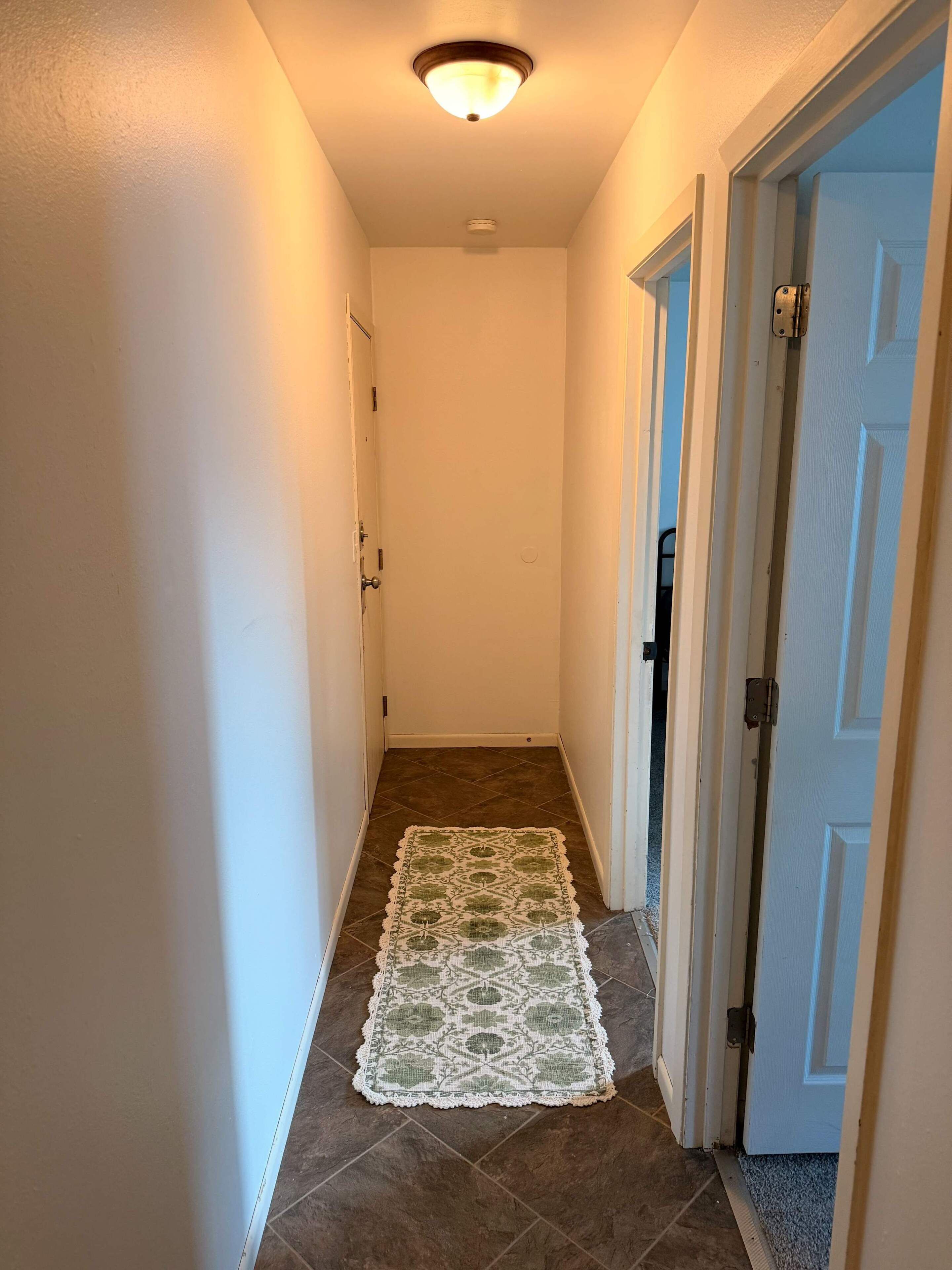 Un pasillo con alfombra estampada, una puerta a la derecha y una lámpara en el techo.