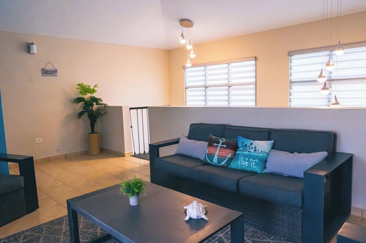 Una sala de estar moderna con un sofá, una mesa de centro y una planta en maceta.