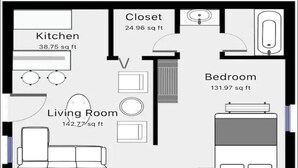 A floor plan with a kitchen, living room, closet, and bedroom. - Cozy 1-bedroom apartment in gorgeous Miami Next to Miami International’s Airport (Miami)