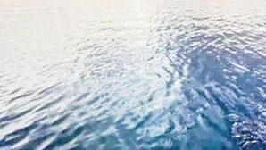 Un cuerpo de agua tranquilo con una masa terrestre distante y cielo despejado.