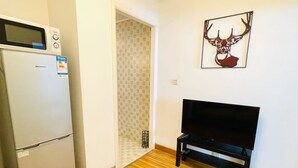 A compact living space with a refrigerator, a flat-screen TV, and a patterned rug.