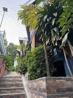 Una escalera que conduce a un edificio con un muro de piedra y vegetación.