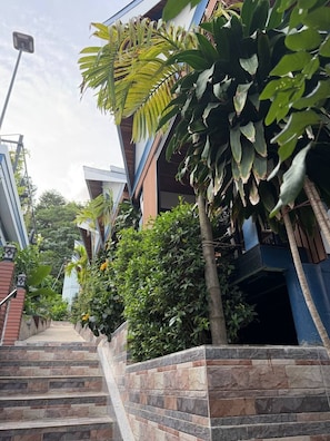 Una escalera que conduce a un edificio con un muro de piedra y vegetación.