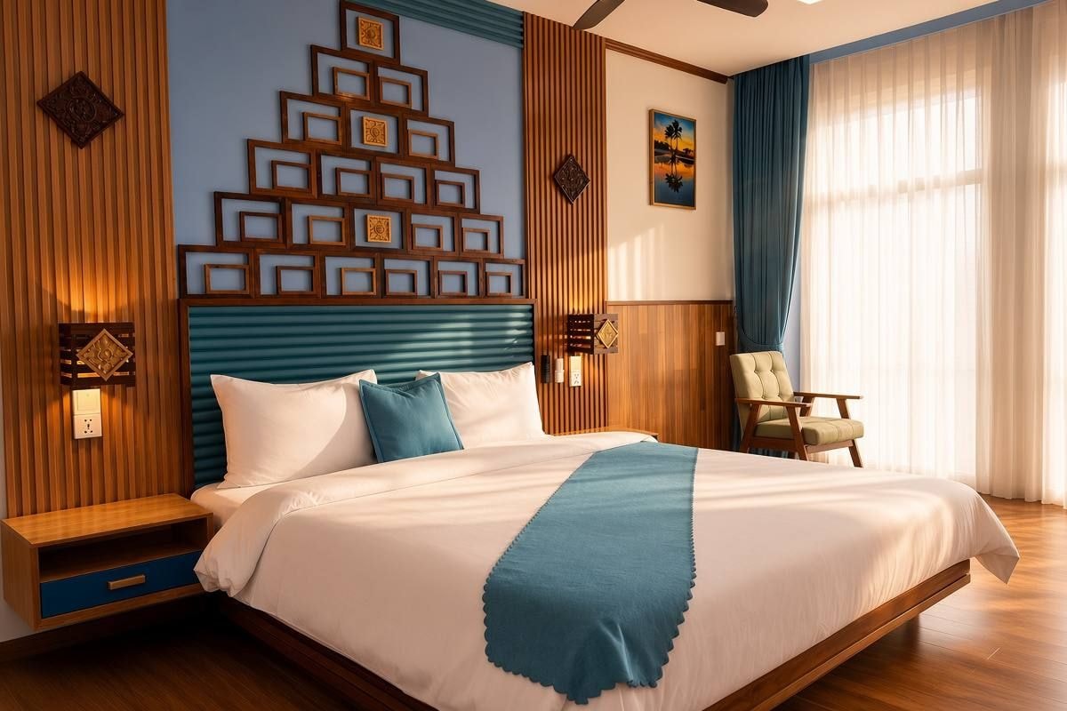 Habitación de hotel con una cama grande, paneles de madera, un cuadro colgado en la pared, una silla y una ventana con cortinas.