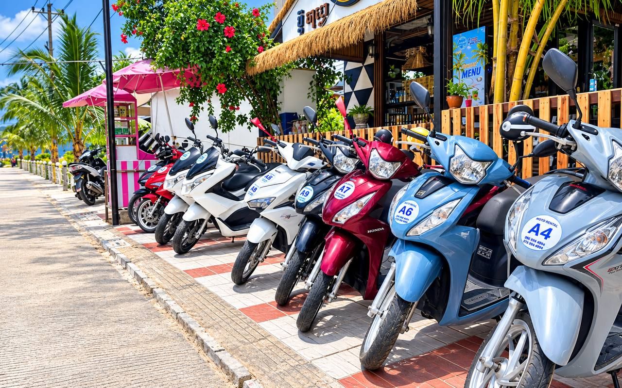 A row of parked scooters with visible model numbers and a restaurant in the background.