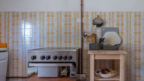 Une cuisine équipée d’une cuisinière, d’un évier et d’une étagère où sont rangés des ustensiles de cuisine et un saladier rempli de fruits.